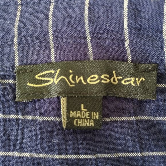 4/$20 Shinestar Navy Blue Pinstripe Dress Large Ruched Button Front Sleeveless - Picture 6 of 7